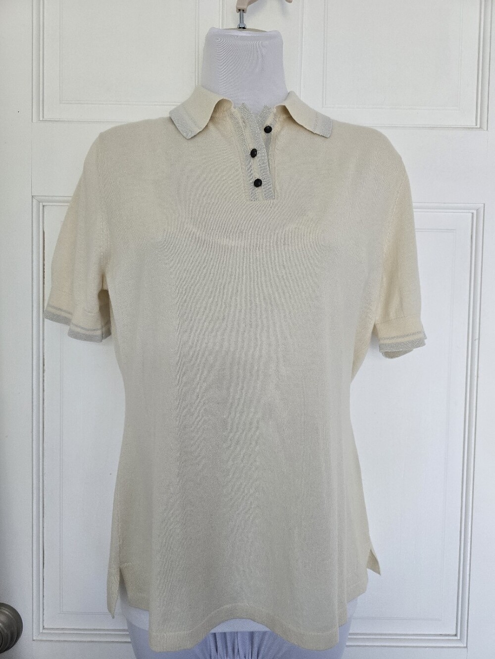 Neiman Marcus The Cashmere Collection Short Sleeve Polo Shirt Ladies L Off-White